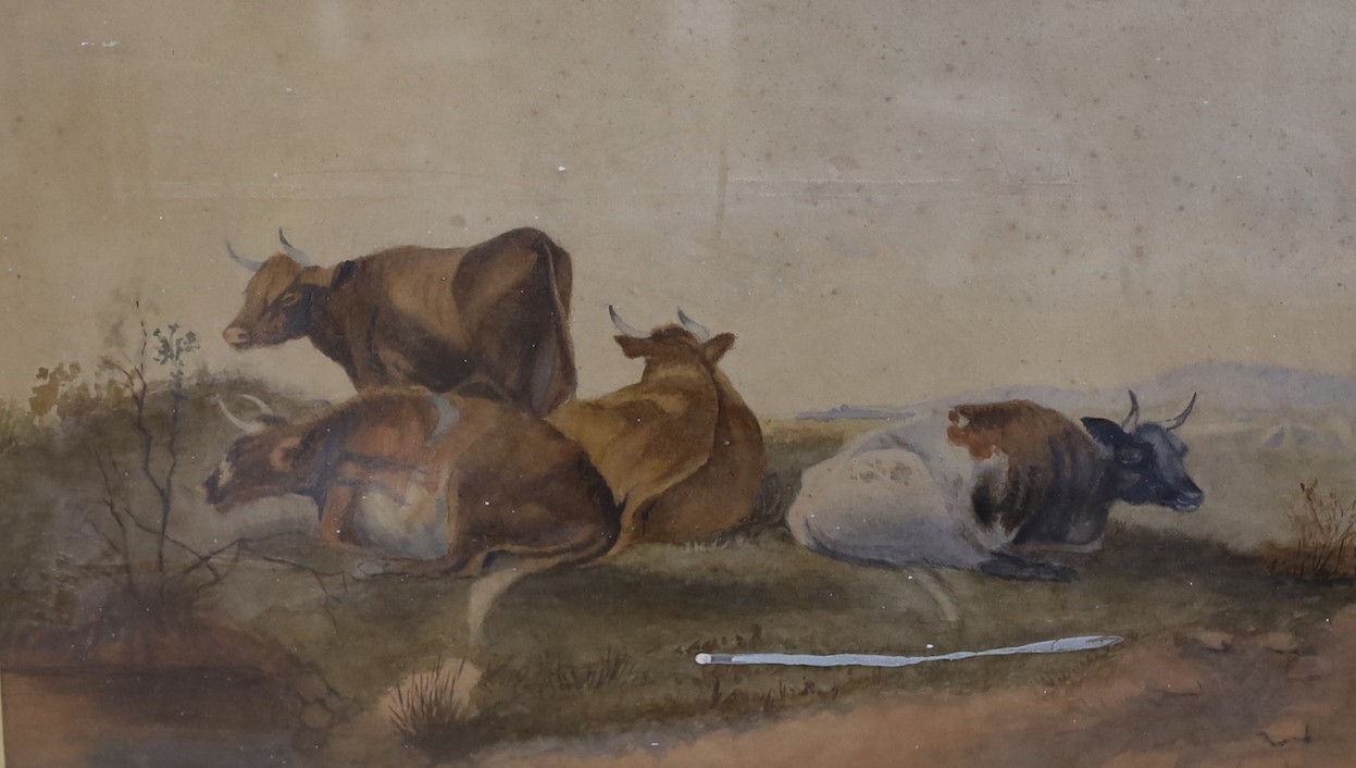 19th century English School, oil on wooden panel, Scotsman carving tombstones, 24 x 35cm, an oil landscape by another hand, a watercolour of cattle and two etchings